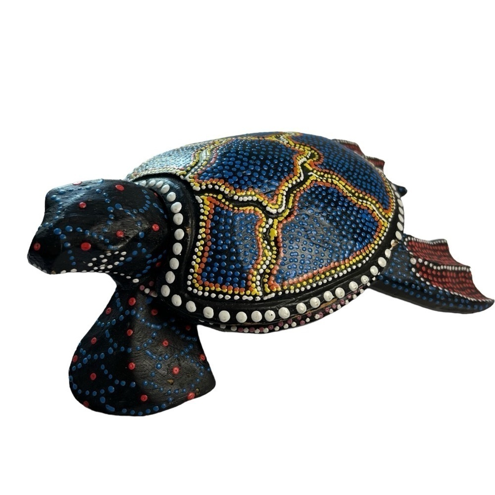 Sea Turtle Trinket Box Hand Painted Carved Wood 9X5 Art Animal Carving Dot Paint - Picture 1 of 12